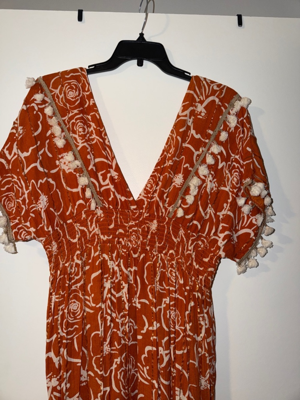 Bohemian Orange Floral V-Neck Maxi Dress with Tassel Trim